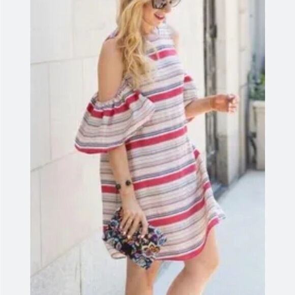 Tanya Taylor Size 6 Dress Mini Striped Off the Shoulder Sleeves Pockets - Picture 1 of 6